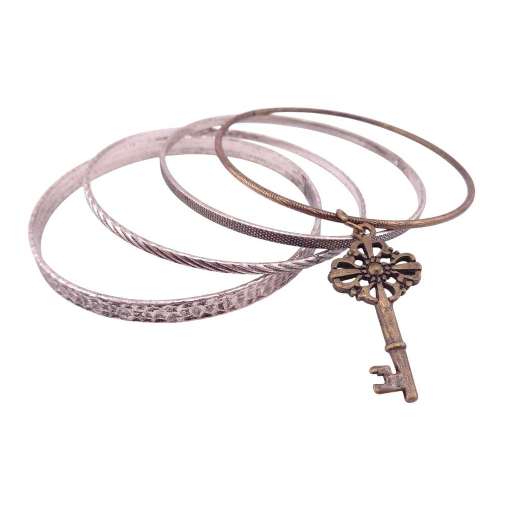 Goldtone and Silvertone Textured 4 Piece Bangle Bracelet Set with Key Charm NWOT